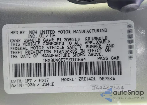 2009 Toyota Corolla S z USA, uszkodzony, nr VIN 1NXBU40E79Z001664